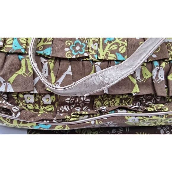 Vera Bradley Ruffled Tote Bag and wallet With Bird Print Brown/Green/Yellow 14" - Picture 6 of 10